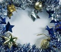 Christmas frame on white photo. Blue ribbon wreath with place for text. Royalty Free Stock Photo