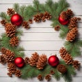 Christmas wreath border frame on a white wooden background. Royalty Free Stock Photo