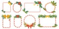 Christmas Frames Set. Festive Collection Of Holiday Candy Cane Borders Adorned With Candles, Holly Berries