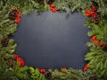 Christmas framework with evergreen fir tree, cones and holly berry on chalkboard background.