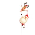 Christmas friends Santa Claus and Reindeer on left side of board - isolated on white background