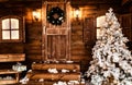 Christmas front door of a country house background. Concept Happy Christmas, New Year, holiday, winter, greetings Royalty Free Stock Photo