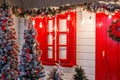 Christmas front door of a country house background. Decorated wi