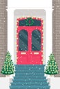 Christmas Front wooden door with Christmas tree and wreath and snow. Flat vector illustration