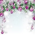 Christmas Frozen Green Fir Twigs Purple Baubles Royalty Free Stock Photo