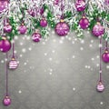 Christmas Frozen Green Fir Twigs Purple Baubles Grey Ornaments Royalty Free Stock Photo