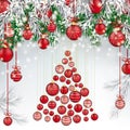 Christmas Frozen Green Fir Twigs Red Baubles Tree Royalty Free Stock Photo