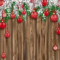Christmas Frozen Green Fir Twigs Red Baubles Worn Wood Royalty Free Stock Photo