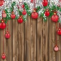 Christmas Frozen Green Fir Twigs Red Baubles Worn Wood