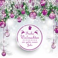 Christmas Frozen Green Twigs Purple Baubles Frohe Weihnachten Royalty Free Stock Photo