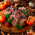 Christmas fruit chocolate cake with berries and fruits with edible Christmas decoration. Close up. Royalty Free Stock Photo