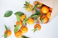 Christmas fruit. Orange fresh tangerines or mandarines with green leaves in a paper bag lie on a white background Royalty Free Stock Photo