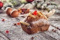 Christmas fruit traditional loaf or cake with ingredients and christmas decoration on wooden table Royalty Free Stock Photo