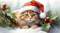 Christmas funny cat wearing a red Santa hat, surrounded by snowflakes, Christmas tree branch and berry branch