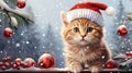 Christmas funny cat wearing a red Santa hat, surrounded by snowflakes, Christmas tree branch and berry branch