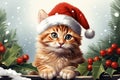 Christmas funny cat wearing a red Santa hat, surrounded by snowflakes, Christmas tree branch and berry branch