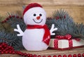 Christmas funny decorative snowmen on wooden board