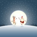 Christmas funny poster - Happy expresion of Santa Claus and Reindeer - moonlight winter landscape Royalty Free Stock Photo