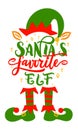 Christmas funny quote Santa s favorite ELF with hat, ears, stockings, shoes Royalty Free Stock Photo