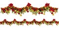 Christmas garland background with golden stars and poinsetta