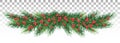 Long garland of Christmas tree branches and red berries. Vector