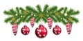 Christmas garland decoration with red baubles. Happy New Year border with Christmas tree branches and balls. Vector Royalty Free Stock Photo