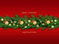 Christmas garland of fir branches, golden balls and decorative stars