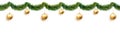 Christmas garland of fir branches and golden balls strangled by snow isolated on white background. Seamless banner, can Royalty Free Stock Photo