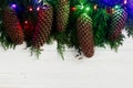 Christmas garland lights and pine cones on fir branches. stylish Royalty Free Stock Photo