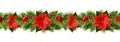 Christmas garland with red pionsettia flowers. Seamless pattern