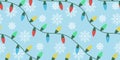 Christmas Garland Seamless Pattern. Color lights and snowflakes on blue background. Flat vector illustration. New Year Gift Royalty Free Stock Photo