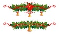 Christmas garland set with bells. Vector border, decoration for holiday cards, invitations, banners. Holly leaves, berries, Royalty Free Stock Photo