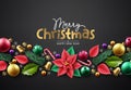 Christmas garland vector background design. Merry christmas greeting text with xmas ornament elements