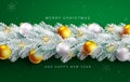 Christmas garland vector concept design. Merry christmas greeting text with white grass wreath and xmas balls decoration for xmas. Royalty Free Stock Photo
