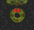 Christmas Garland and Wreath Against a Dark Damask Wall