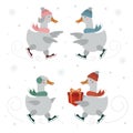 Christmas geese set. Kids illustration. Vector collection of winter geese in scarves skating on the ice rink in the snowfall.