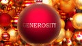 Christmas Generosity - dozens of golden rich and red Holiday ornaments with a Generosity red ball in the middle, 3d illustration