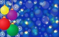 Christmas geometric bokeh background from circles of different sizes with openwork snowflakes and colorful Christmas balls on a bl Royalty Free Stock Photo