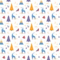 Christmas geometric seamless pattern with spruces, deer, fir trees and red bird. Winter holiday. Xmas vector design Royalty Free Stock Photo