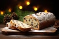 Christmas German Stollen with dry fruits on wooden board. Traditional treats