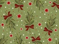 Vector illustration of sketch hand drawn pattern with colorful Christmas tree and red bow. Royalty Free Stock Photo