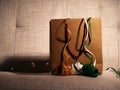 Christmas gift bag and ribbons Royalty Free Stock Photo