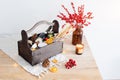 Christmas gift basket with food and decorations. Royalty Free Stock Photo