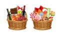 Christmas gift baskets. Realistic food packaging, grocery store festive promo presents vector illustration Royalty Free Stock Photo