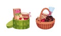 Christmas gift baskets set. Packages with tasty sweets vector illustration