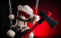 Christmas gift a BDSM teddy bear from a sex shop in a Santa Claus hat with an axe