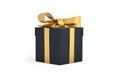 Christmas gift black box tied with gold ribbon. Birthday gift with love. Happy celebration present. Royalty Free Stock Photo