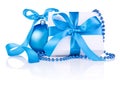 Christmas gift with Blue Ball, ribbon bow, beads