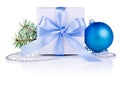 Christmas gift with Blue Ball, tree branch, ribbon Royalty Free Stock Photo