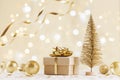 Christmas gift box against golden bokeh background. Holiday greeting card.